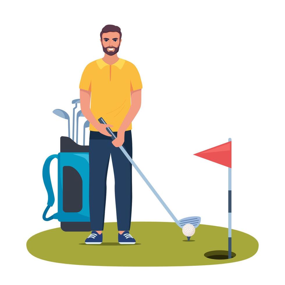 Golf player isolated. Young Man in Uniform Playing Golf on Course with Green Grass. Man holding golf club and preparing to hit the ball. Vector Illustration.