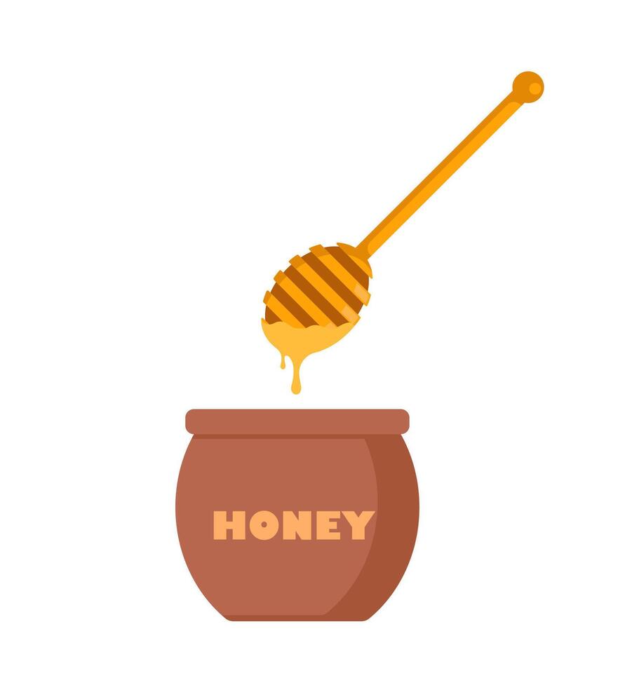 Honey jar and Dipper. Wooden dipper, honey stick or spoon with round part. Honey pot. Natural sweet organic product from apiary farm. Vector illustration.