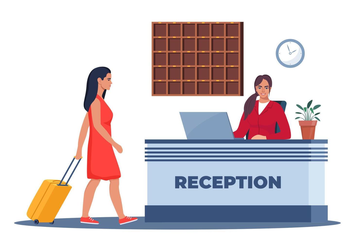 Hotel lobby, reception. Woman receptionist behind the desk, guest with baggage checking in. Hotel Arriving. Tourism, business trip concept. Interior of inn. Vector illustration.