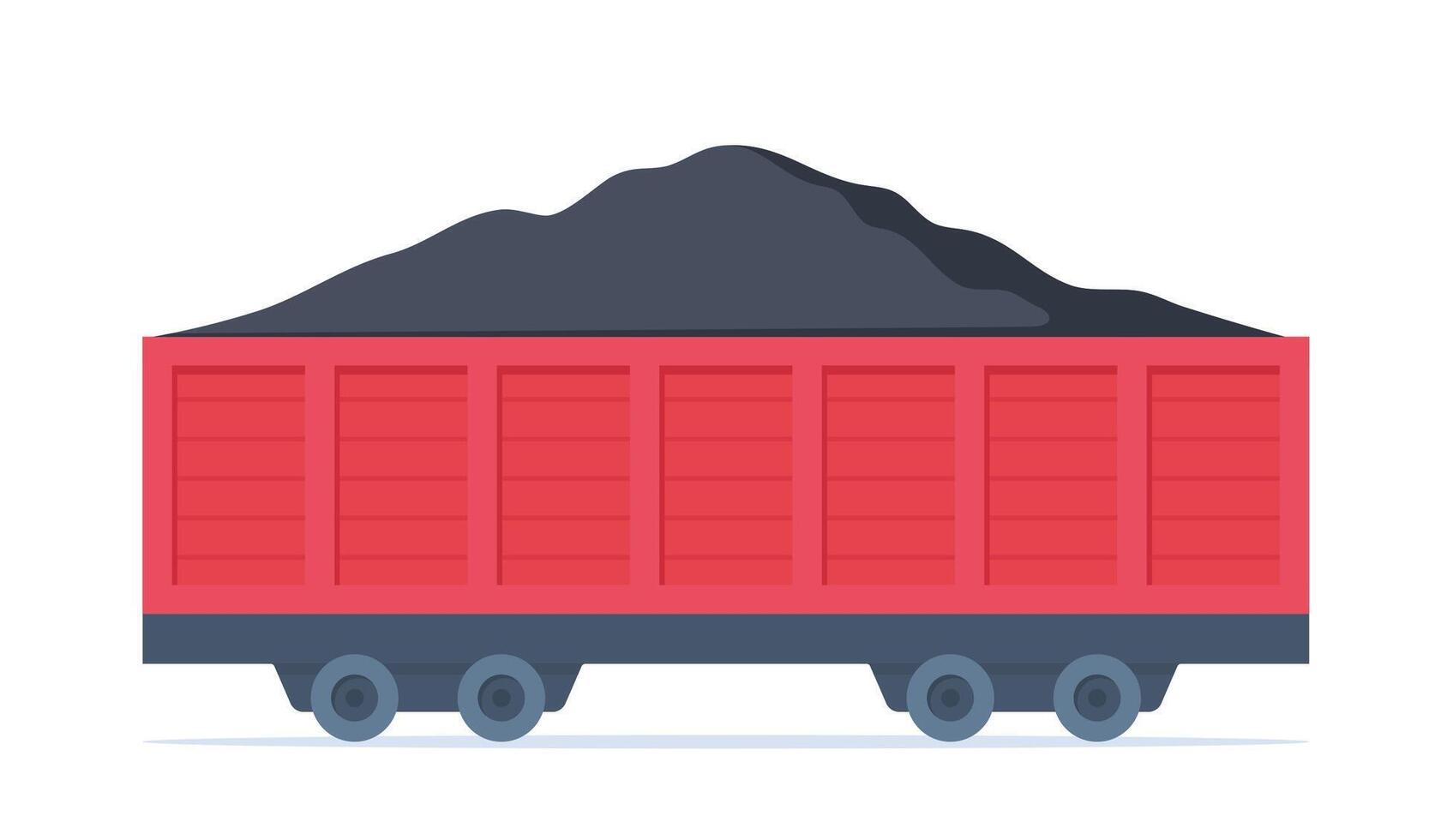 Freight wagon transporting coal pile. Mining industry equipment. Underground minerals extraction and transportation. Vector illustration.