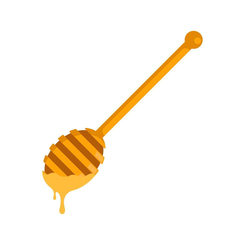 Honey Dipper. Wooden Spoon for liquid sweetness. Wooden dipper, honey stick or spoon with round part. Traditional food utensil. Honey scoop icon or logo. Beekeeper tool. Vector illustration.