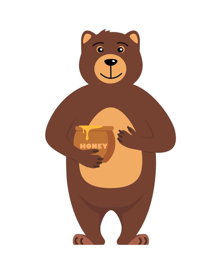 Cute bear holding honey pot. Brown grizzly bear, isolated on white background. Teddy standing and eating sweet honey from the wooden barrel. Vector illustration.