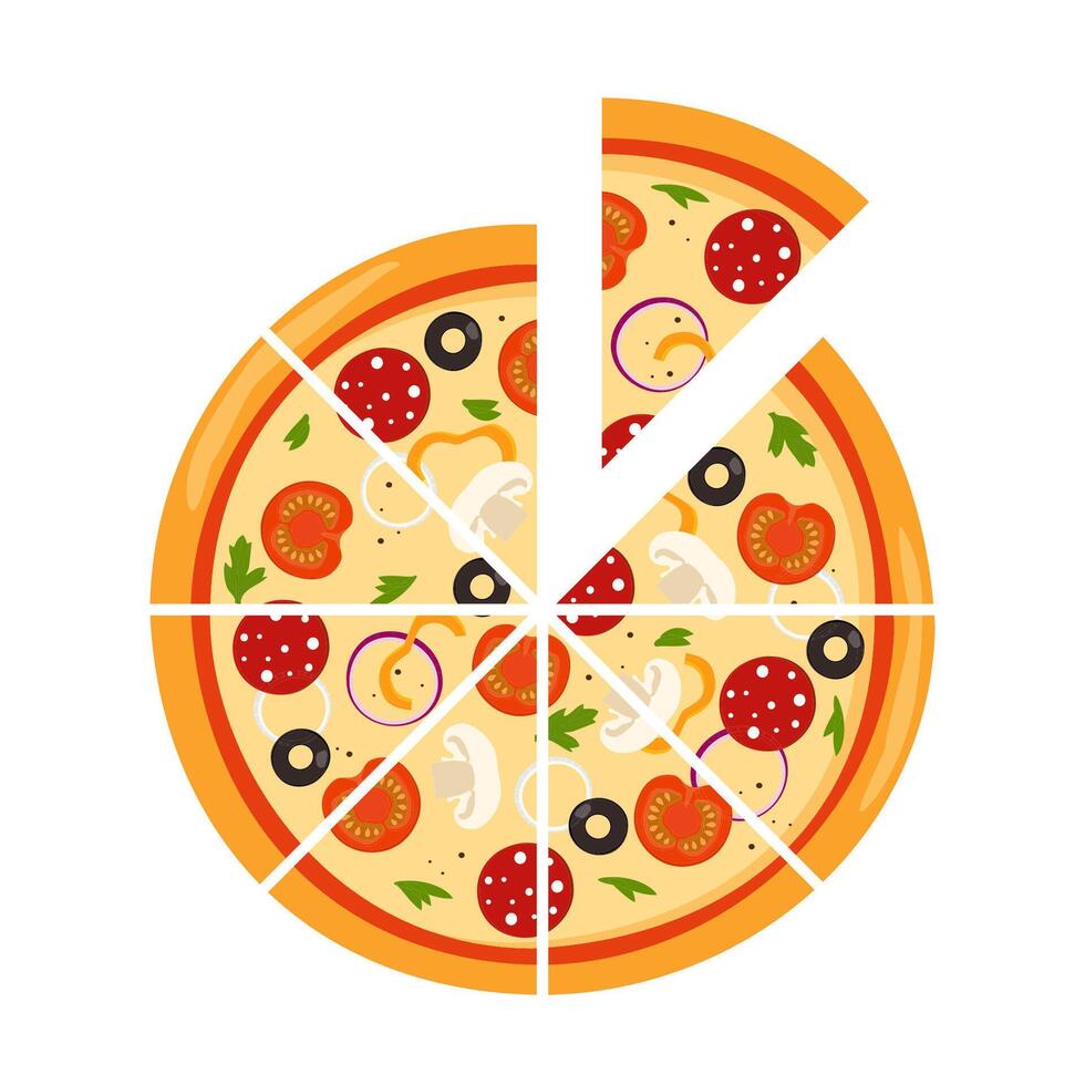 Fresh round pizza cut into triangular pieces. Pizza with tomato, cheese, olive, sausage, onion, basil. Traditional Italian fast food. Top view meal. Vector illustration.