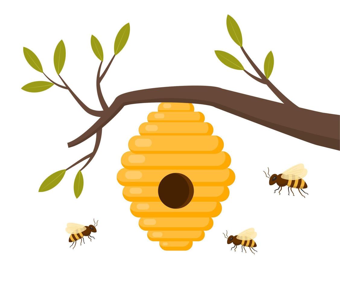 Yellow bee hive on a white background. Bee hive isolate. Bee house with a circular entrance. Insect life in nature. Bees near the hive. Beehive in a tree branch. Vector illustration.