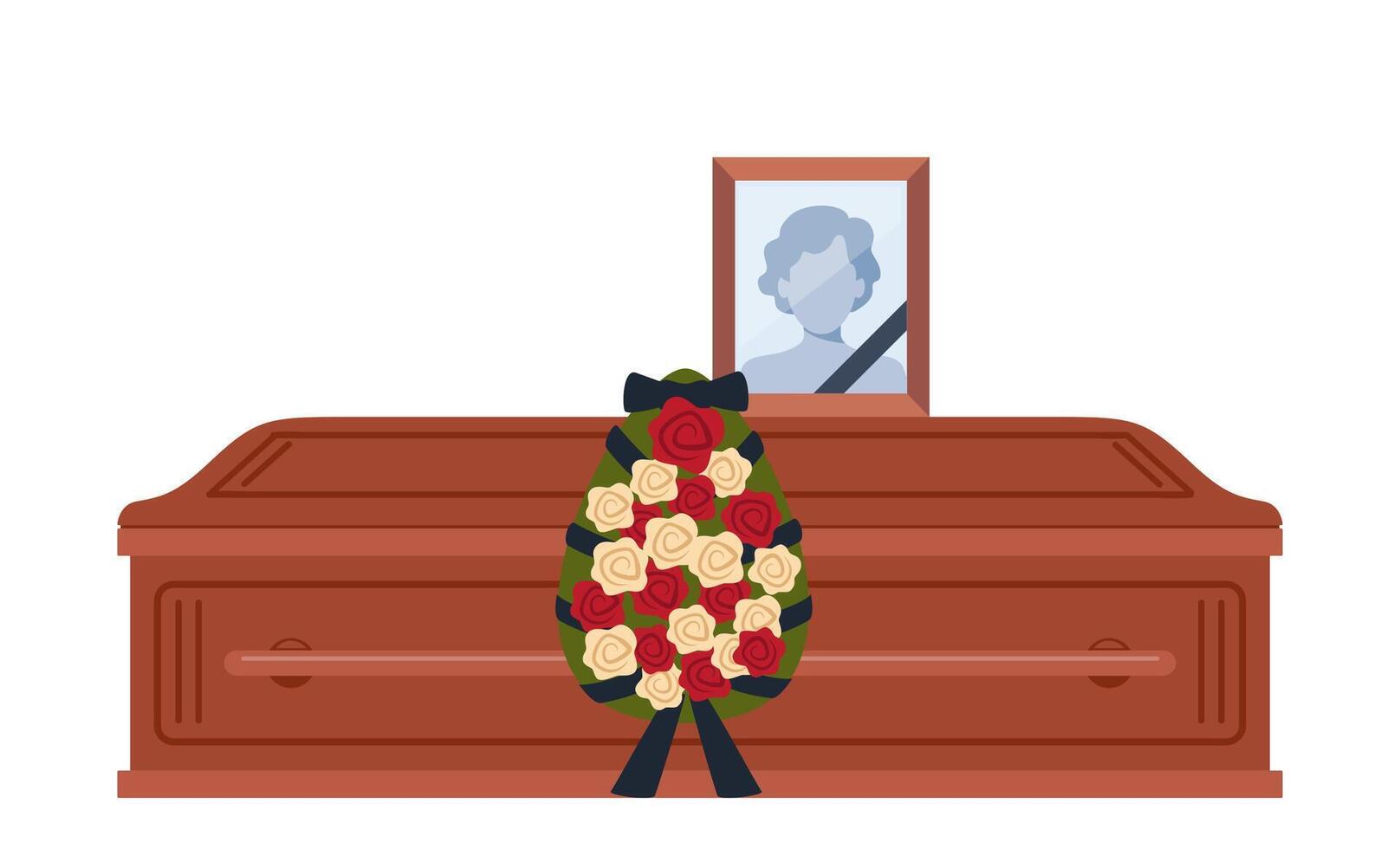 Dead young woman coffin and photo. Funeral ceremony. Ritual service. Female picture and flowers wreath on coffin. Vector illustration.