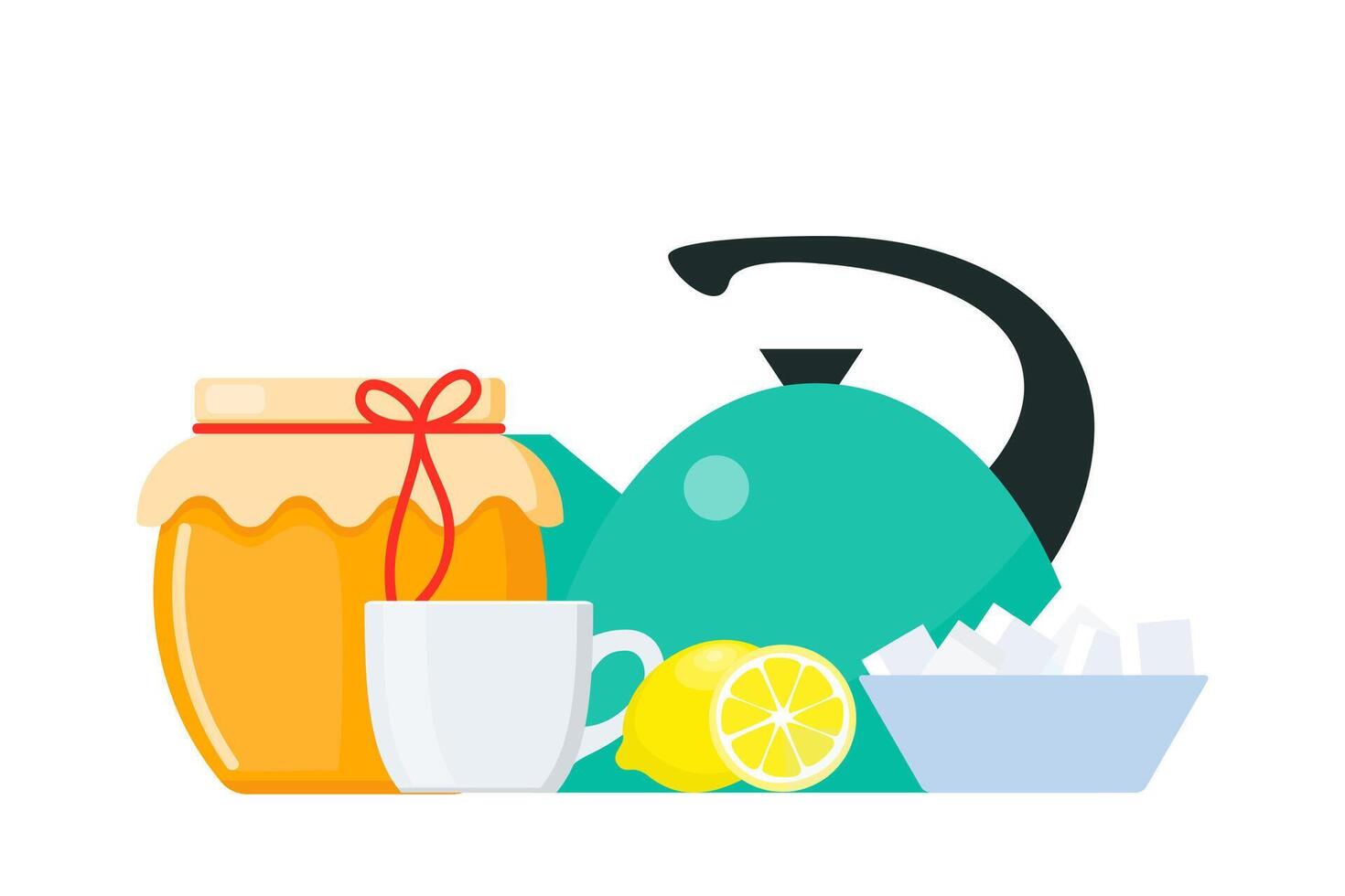 Tea collection, honey and lemon. Breakfast time composition. Vector illustration.