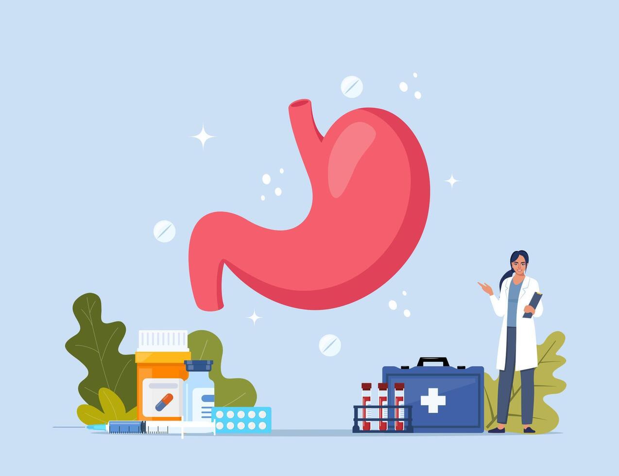 Human stomach. Inner organs disease treatment. Modern design concept with tiny doctor character, medical drugs, equipment, analysis. Vector Illustration.