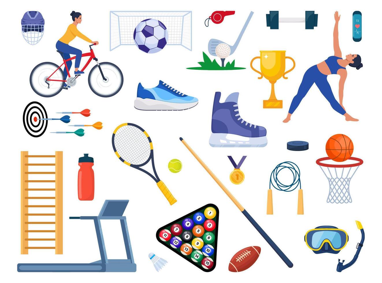 Sport equipment and sportsmen set. Various kind of sport activity. Strength training, cycling, yoga, basketball, diving, surfing. Vector illustration.