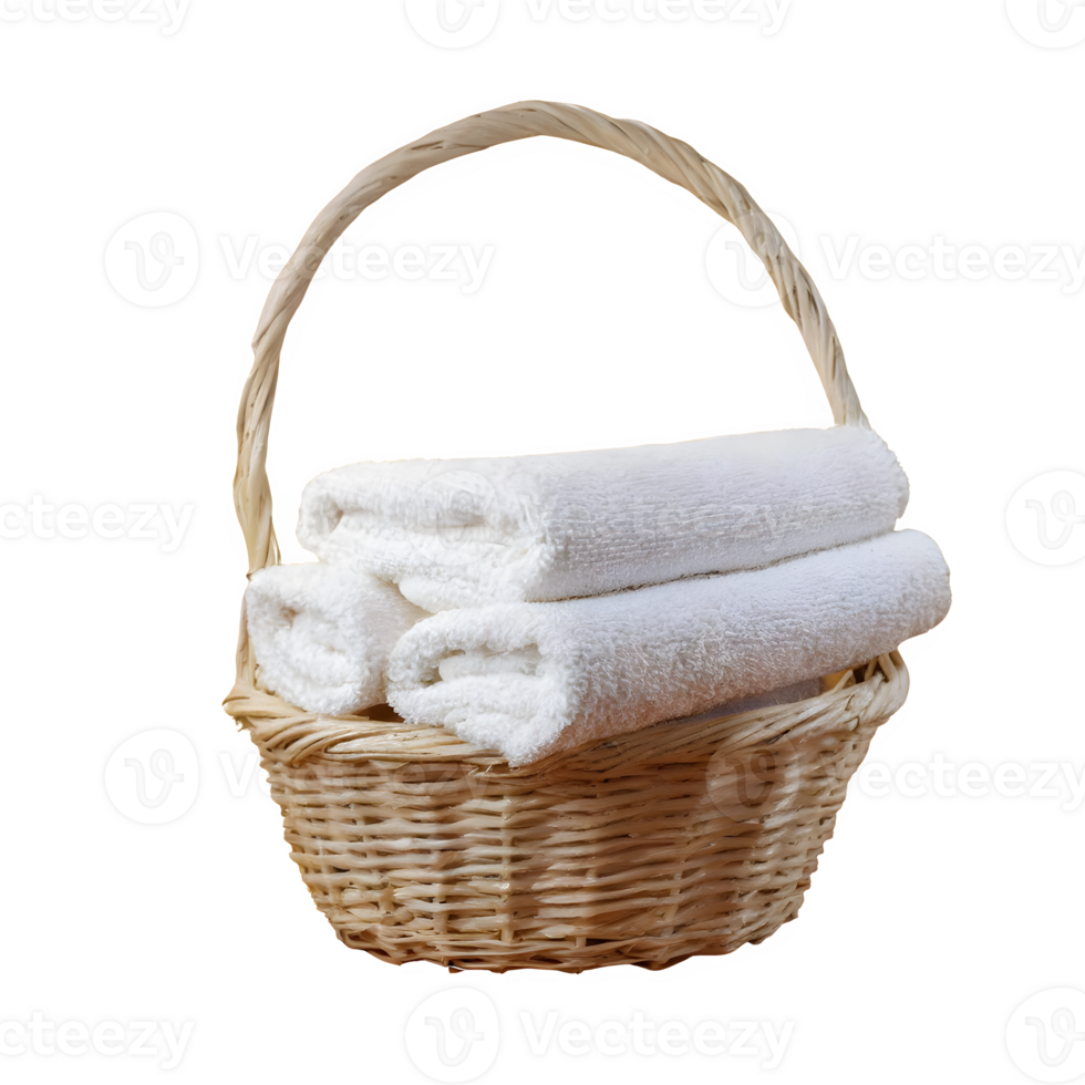 AI generated Basket of clean towels on a wooden table isolated on transparent background png