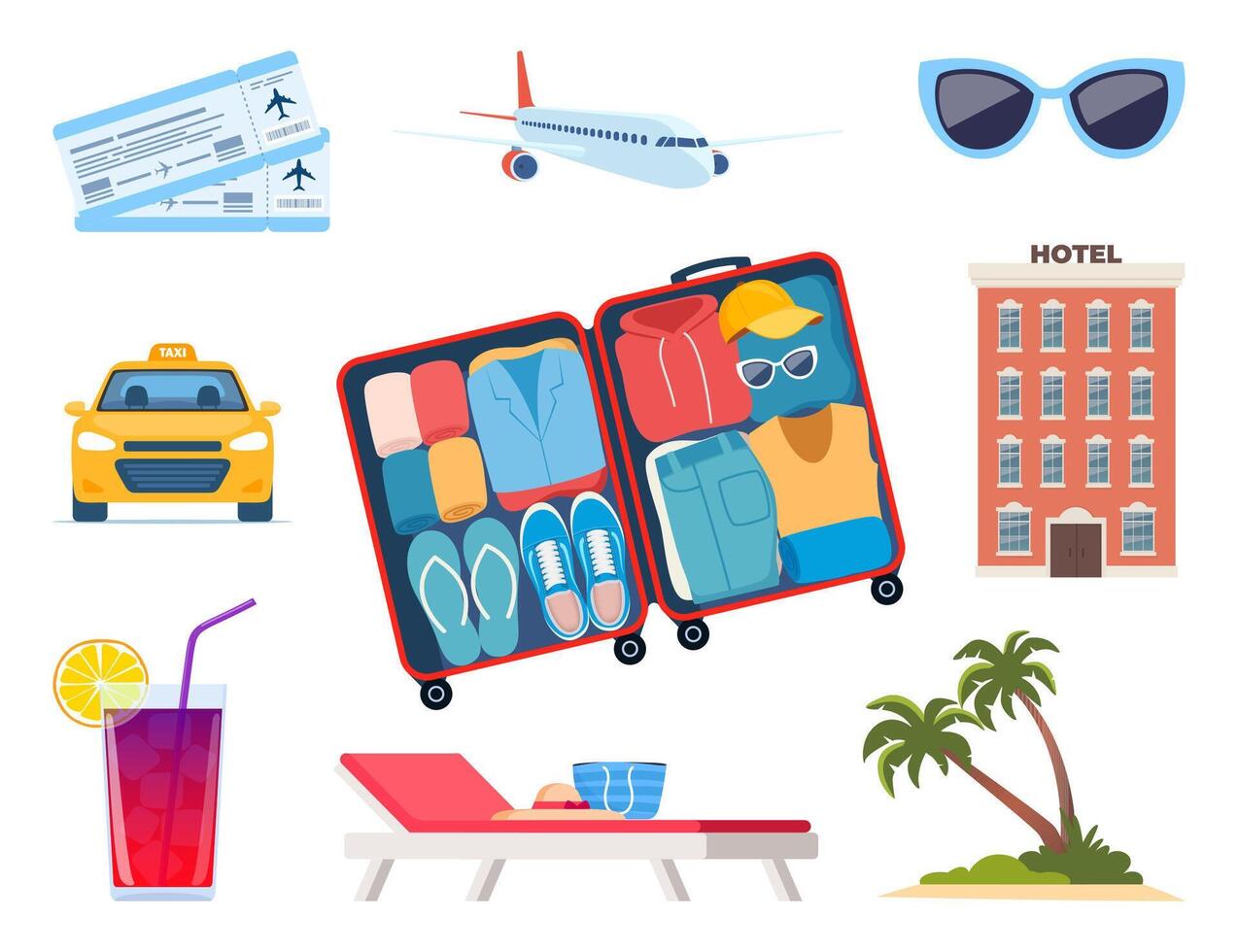 Adventure tourism, travel abroad, summer vacation trip decorative design elements. Set of travel icons. Transport, hotel, baggage, airport. cocktail, palm. Vector illustration.
