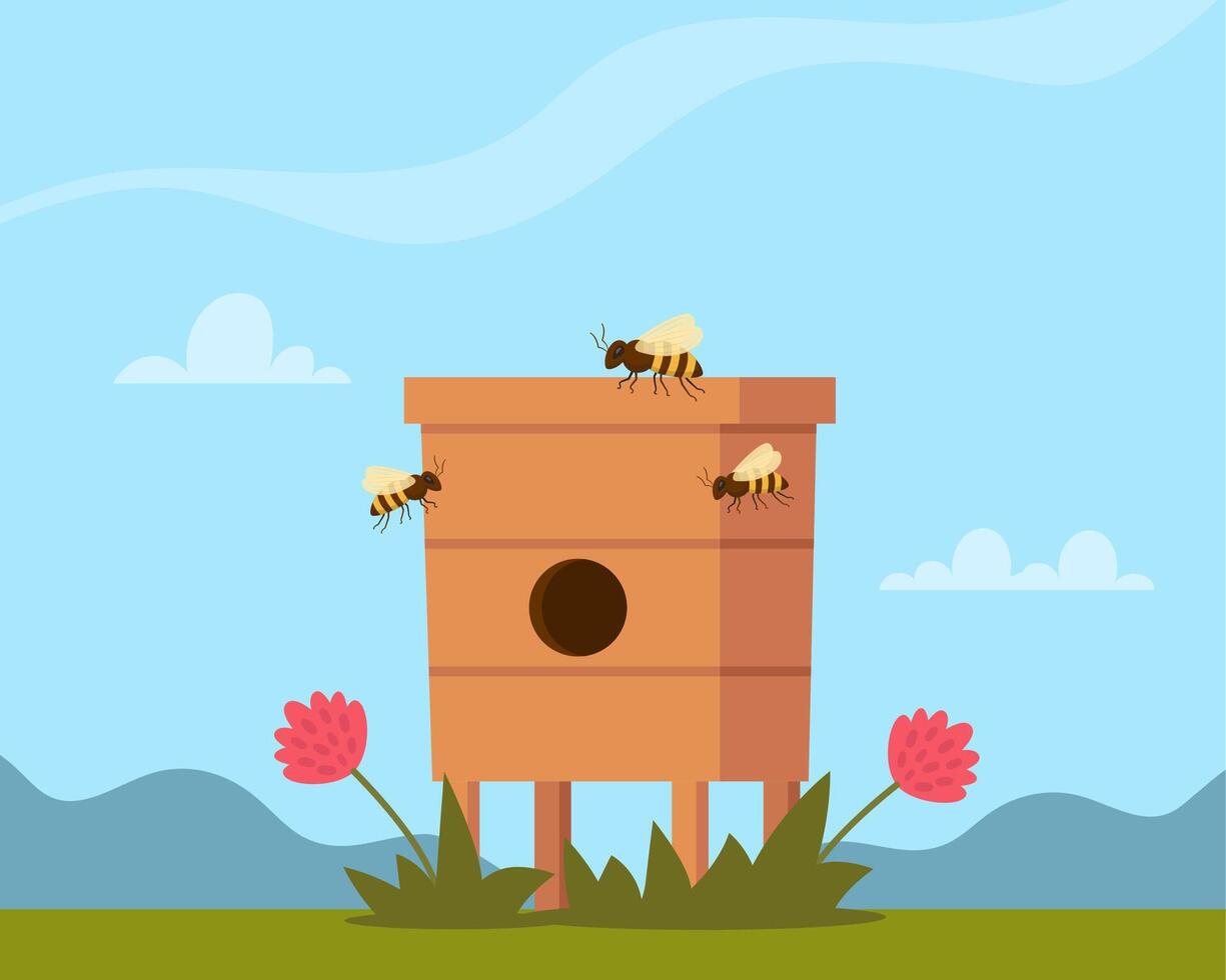 Apiary hive and honey bees. Farm with beehives and flowers garden panorama. Apiculture beekeeping. Vector illustration.