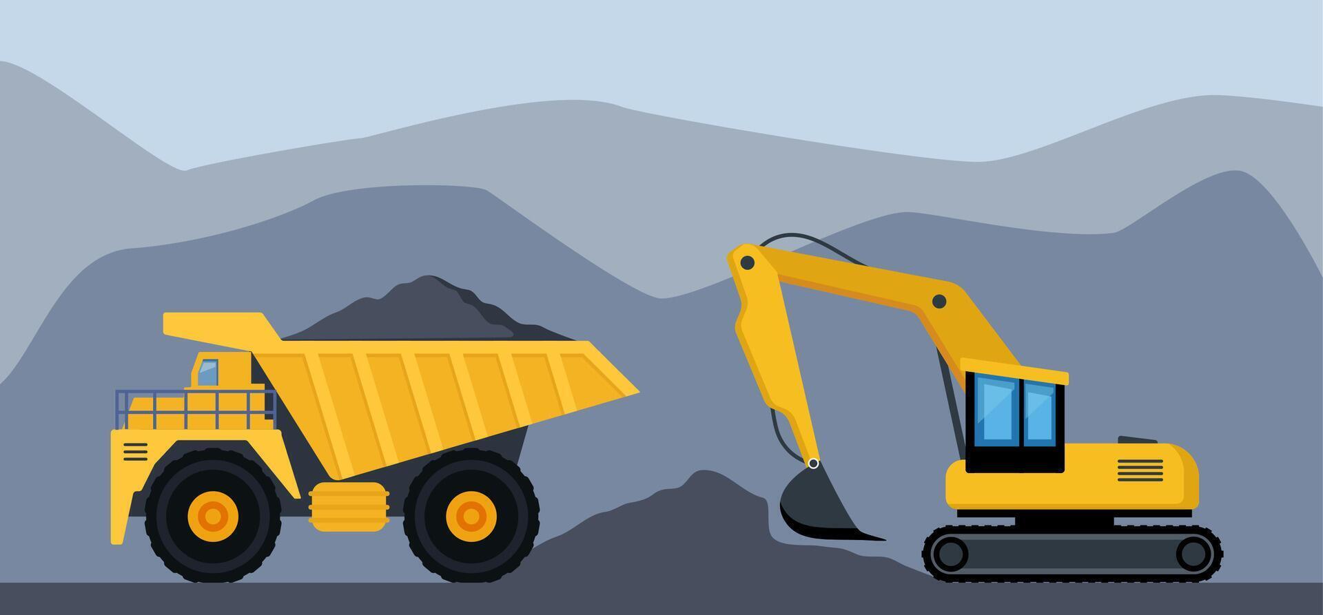 Excavator and dump truck working at coal mine. Open pit mine or quarry, extraction machinery. Heavy machinery of wheeled excavator filling with coal materials on a truck. Vector illustration.