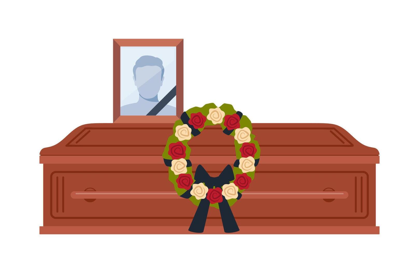 Dead young man coffin and photo. Funeral ceremony. Ritual service. Male picture and flowers wreath on coffin. Vector illustration.