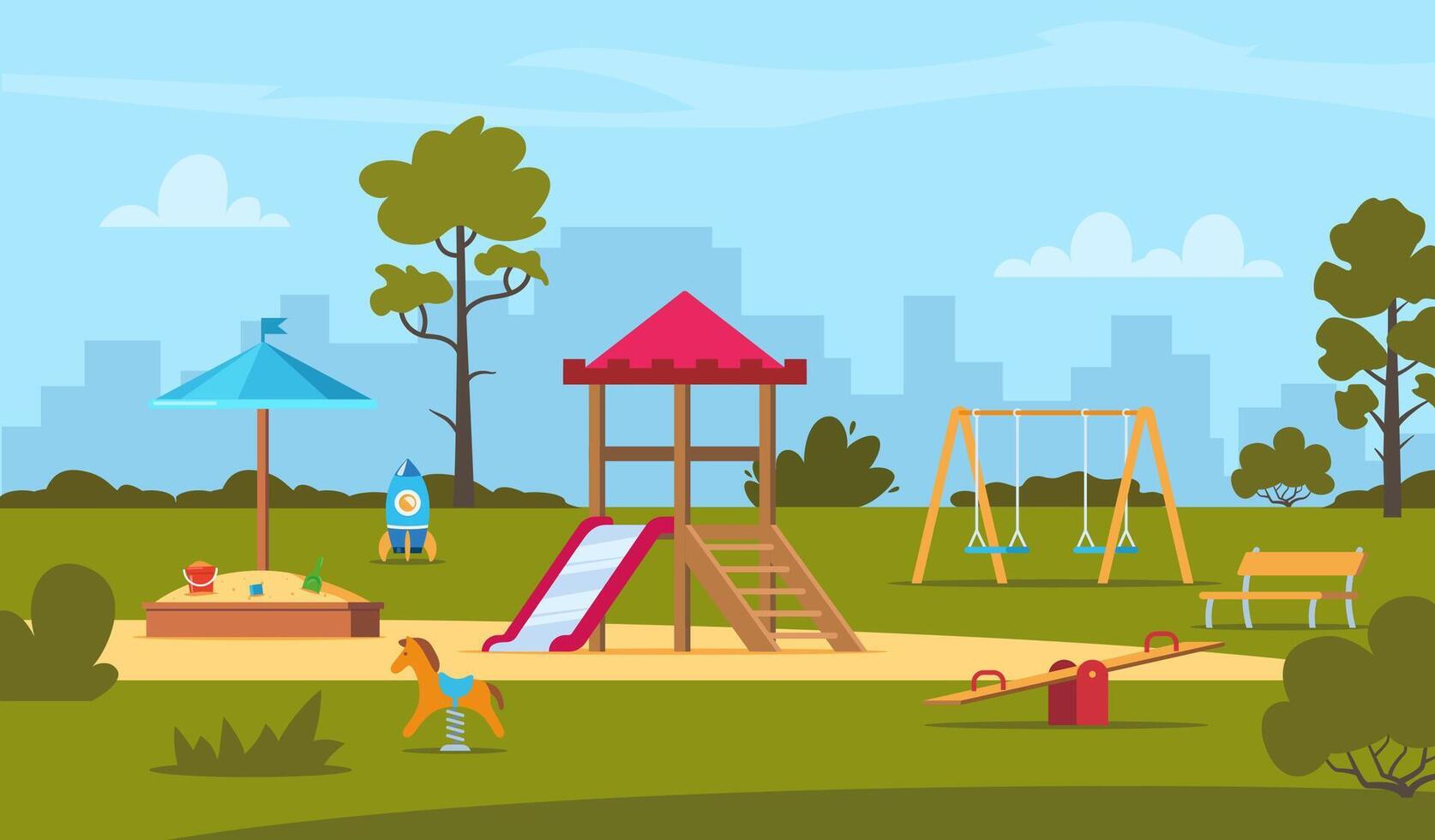 Public park in the city with children playground. Children's entertainment playground elements. Slide, benches, sandbox, swing and recreation park, toys. Place children games. Vector illustration.