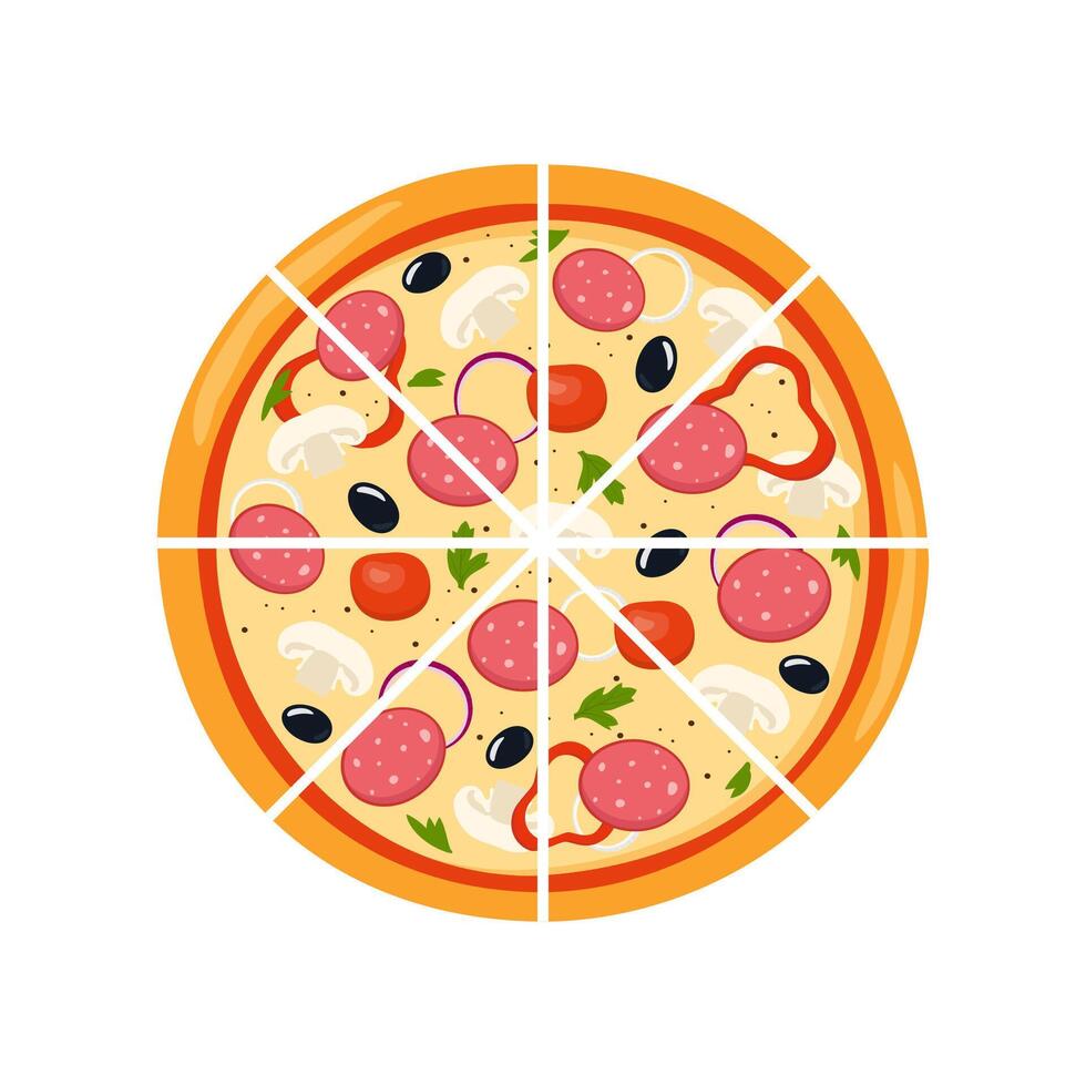 Fresh round pizza cut into triangular pieces. Pizza with tomato, cheese, olive, sausage, onion, basil. Traditional Italian fast food. Top view meal. Vector illustration.