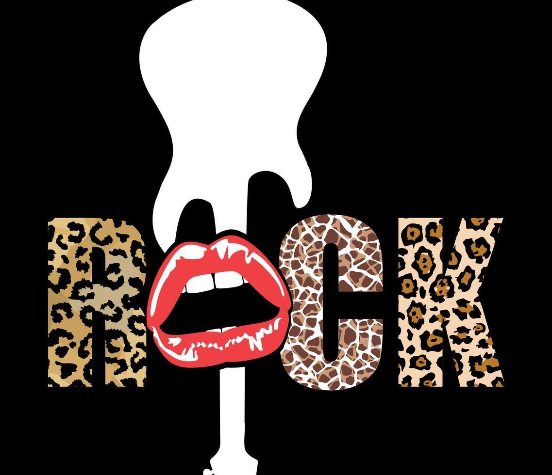 Rock. Guitar silhouette t-shirt design with red lips and animal print letters on a black background. Glamorous rock. vector