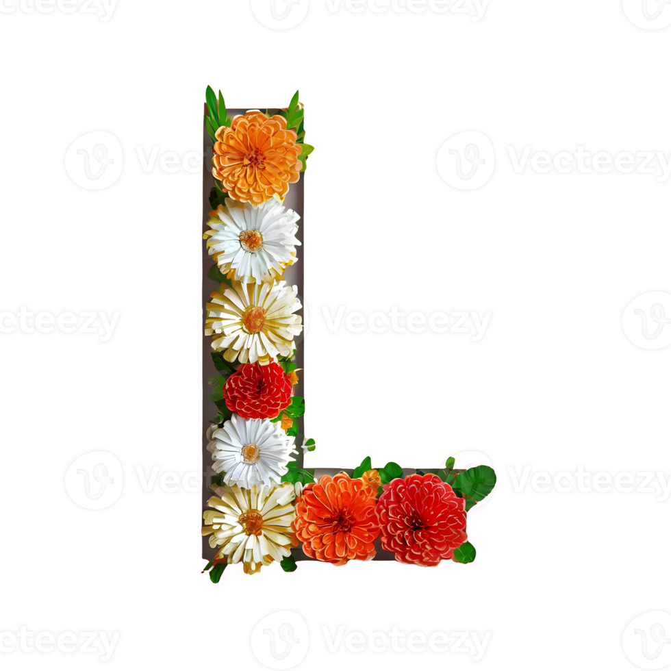 AI generated Letter l with flower elements flower made of flower 3d isolated on transparent background png