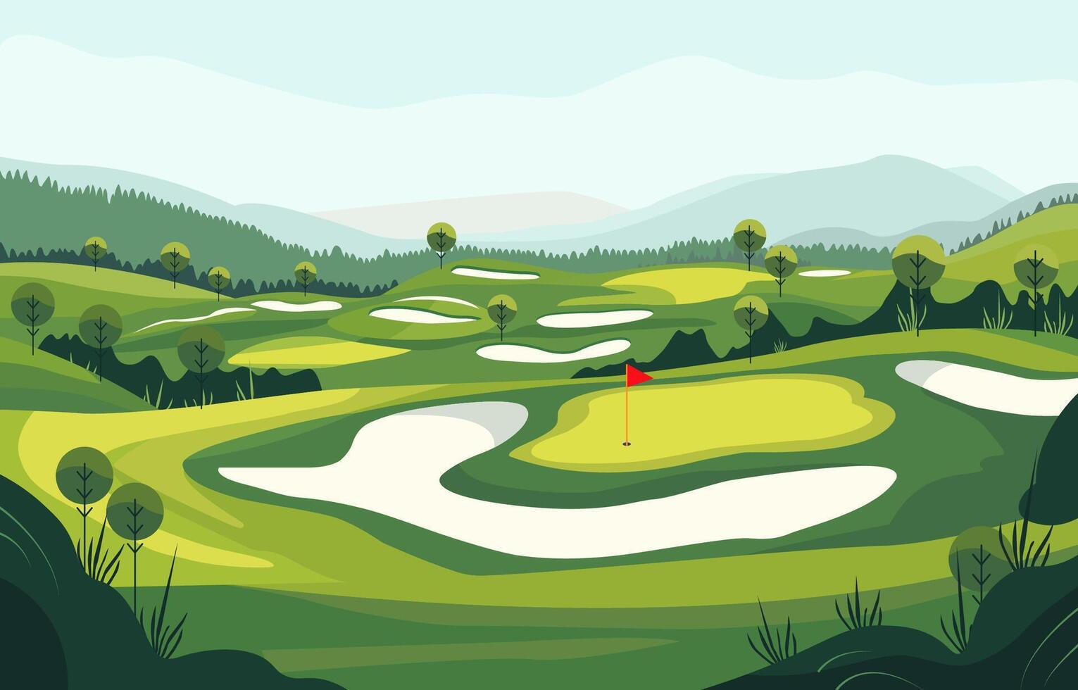 Nature Landscape of Green Golf Field Course with Hole in Bright Sky vector