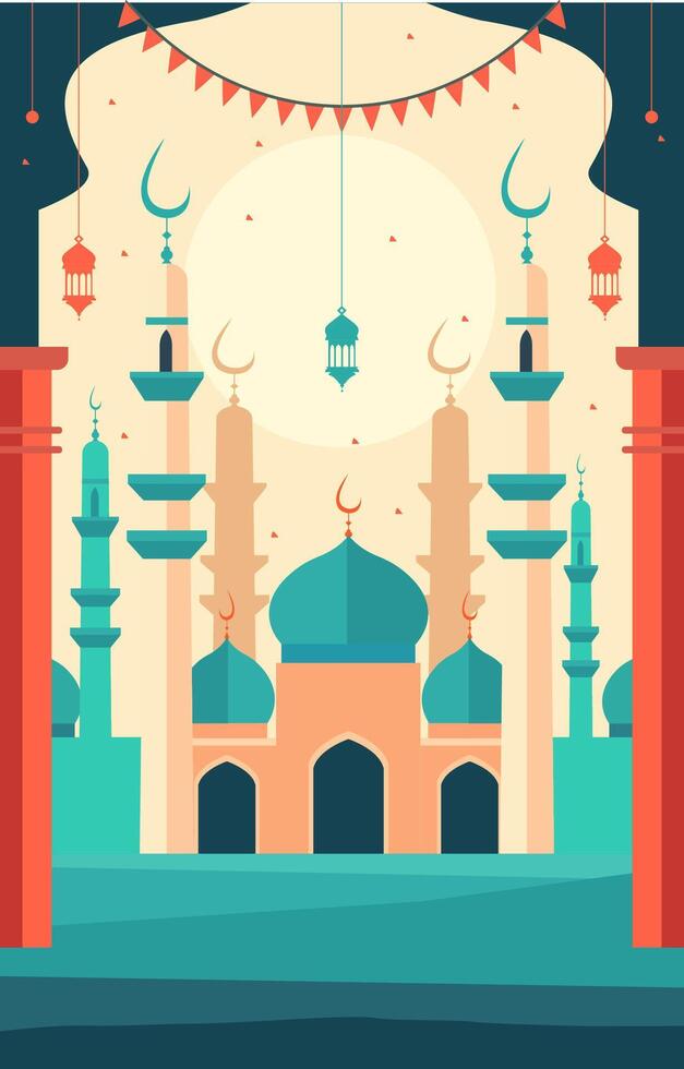Mosque and Lantern Islamic Eid Al Fitr Festival Card vector