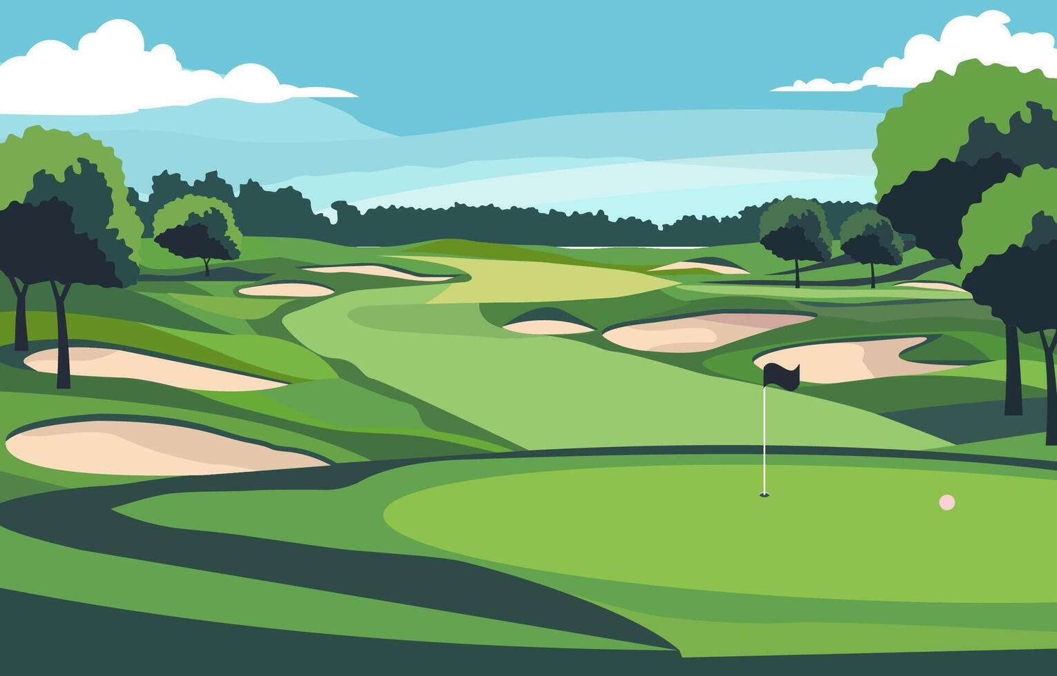 Nature Landscape of Green Golf Field Course with Hole in Bright Sky vector