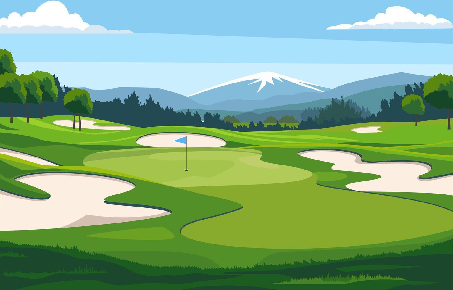 plano diseño de verde golf campo curso con montaña ver en brillante día vector