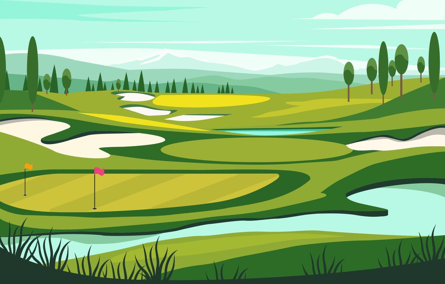 Nature Landscape of Green Golf Field Course with Hole in Bright Sky vector