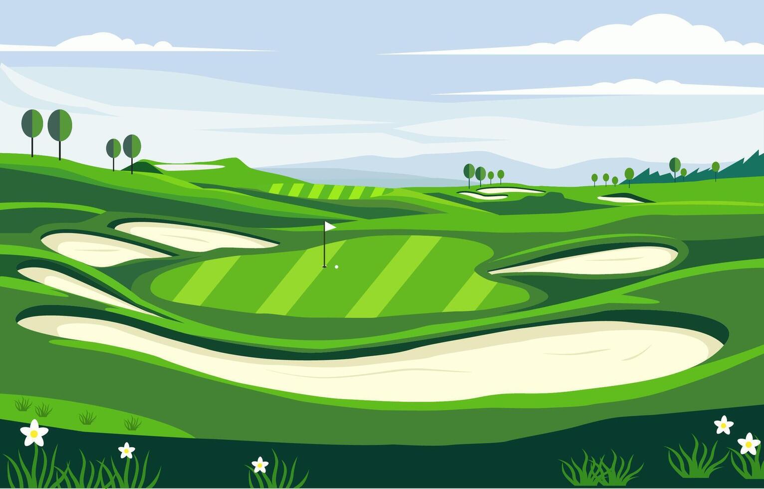 Nature Landscape of Green Golf Field Course with Hole in Bright Sky vector