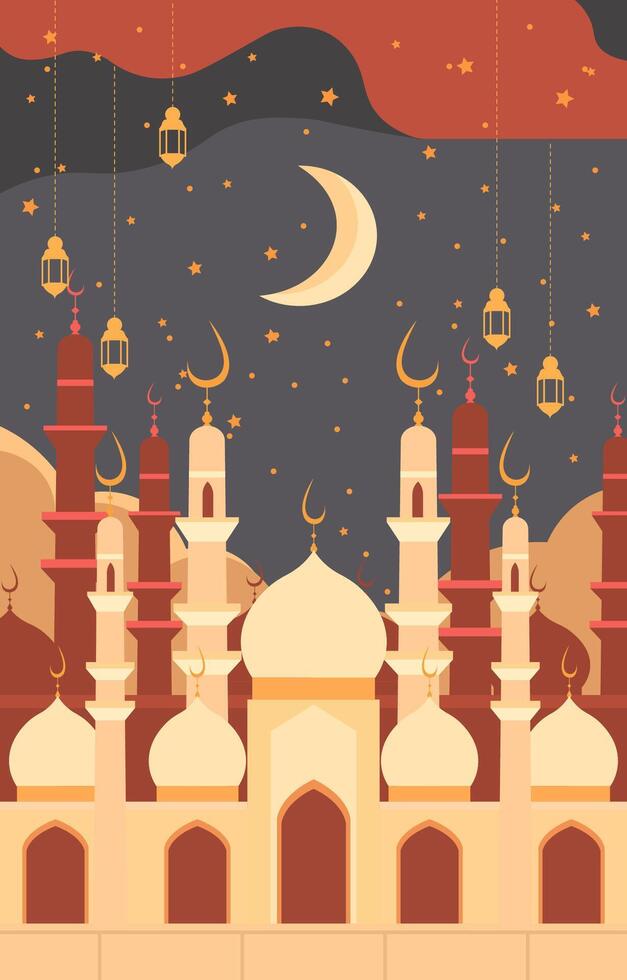 Mosque and Lantern Islamic Eid Al Fitr Festival Card vector