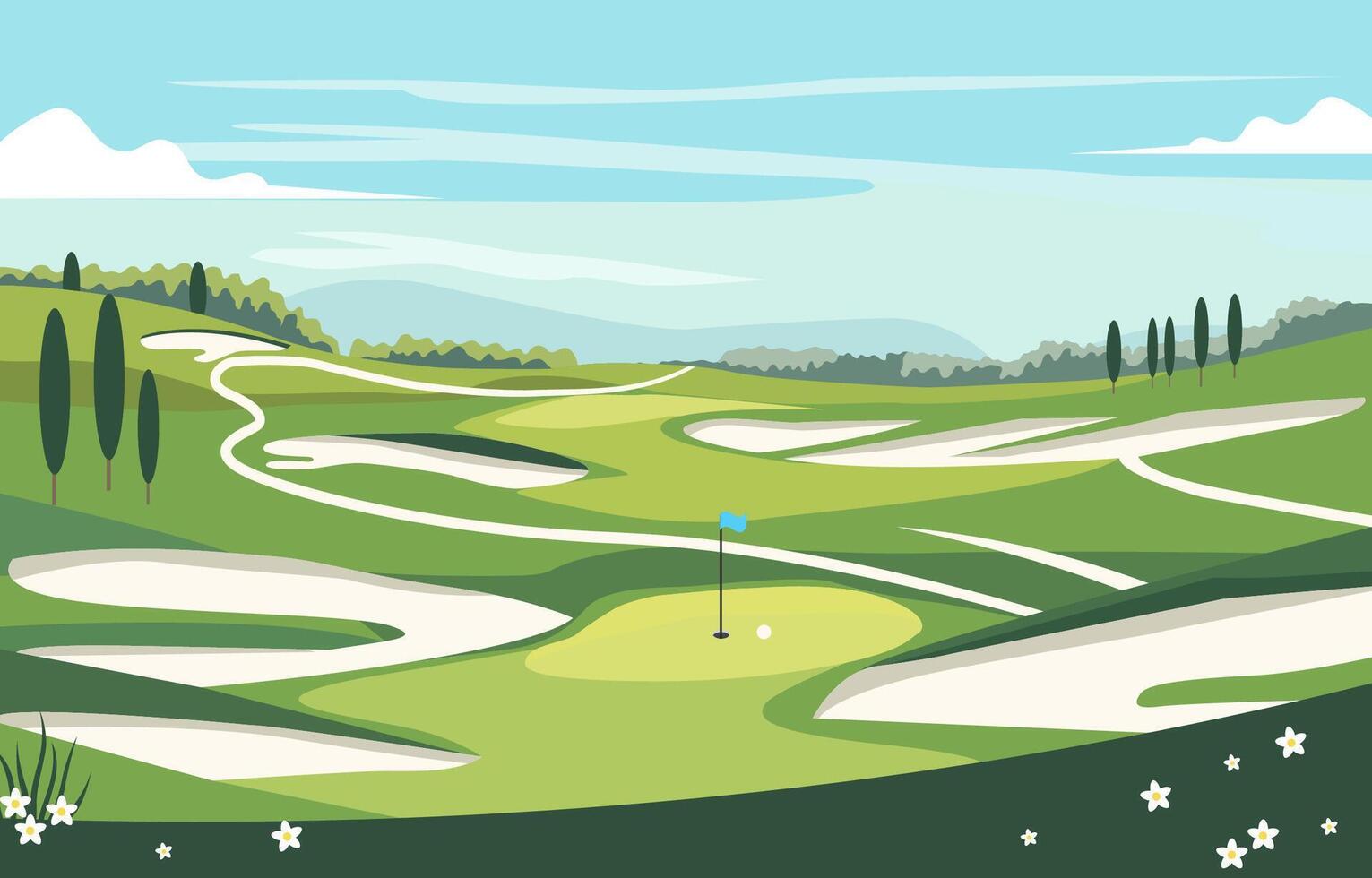 naturaleza paisaje de verde golf campo curso con agujero en brillante cielo vector