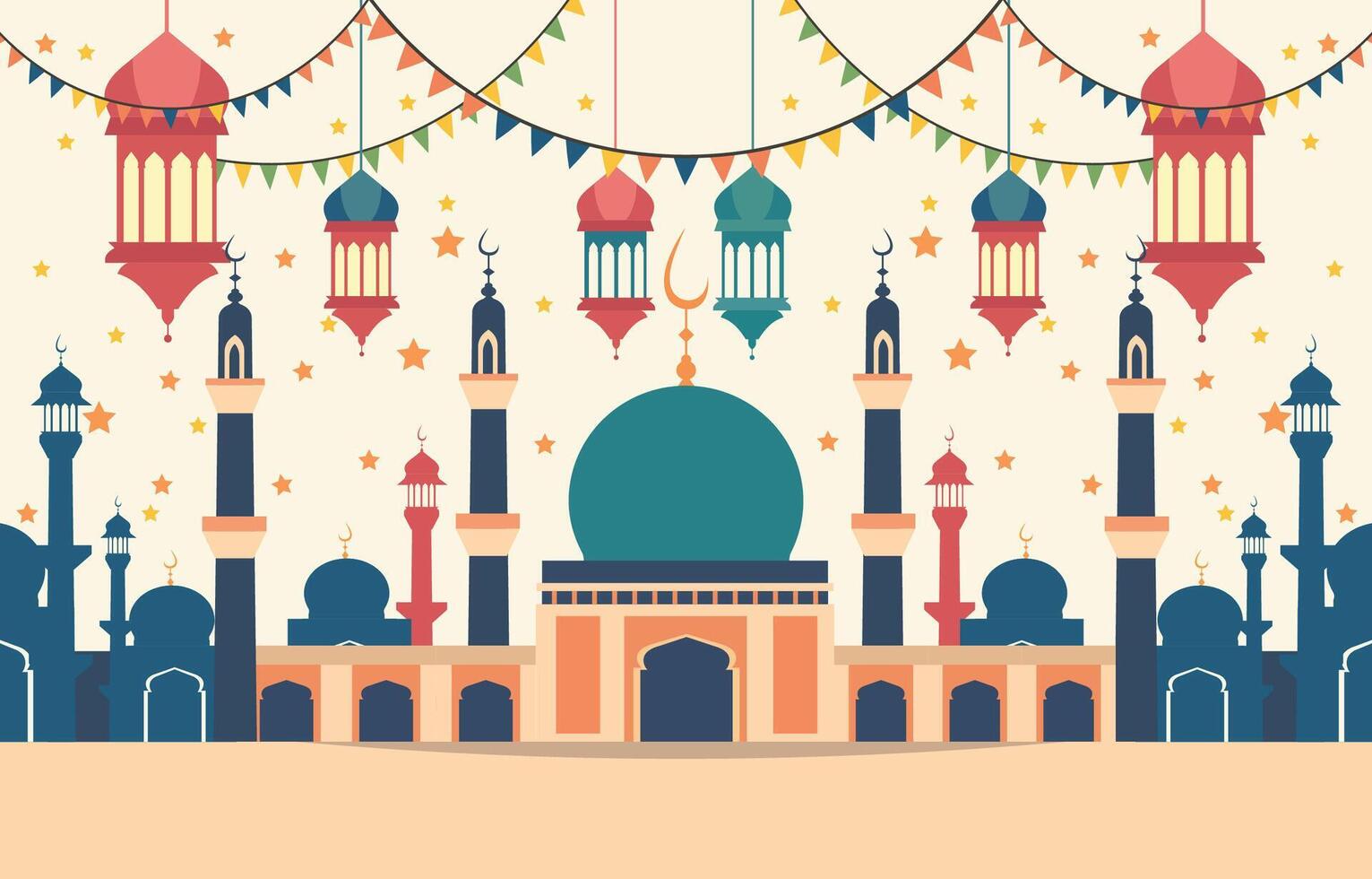 Mosque and Lantern Islamic Eid Al Fitr Festival Card vector