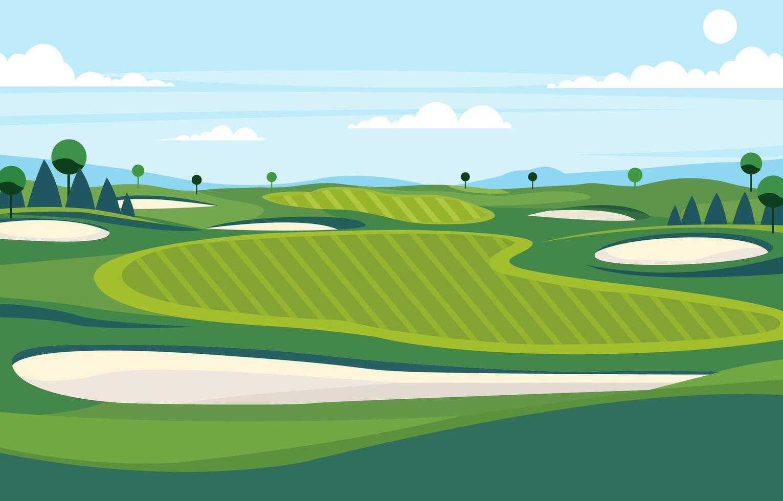 Nature Landscape of Green Golf Field Course with Hole in Bright Sky vector