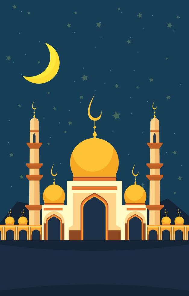 islámico mezquita eid Alabama fitr festival tarjeta en noche cielo vector