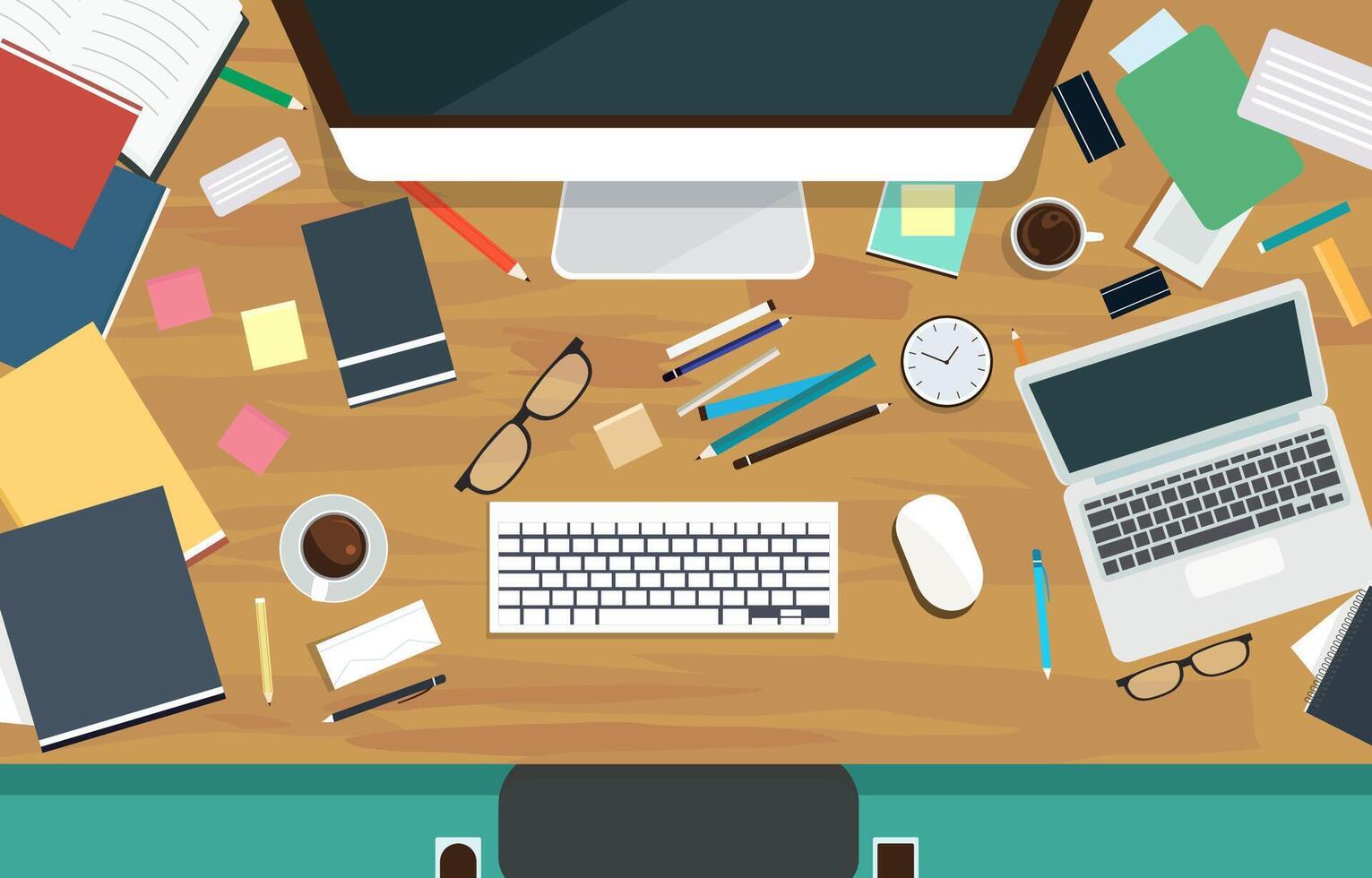 Messy Work Desk with Computer Book Pen Scattered on the Table vector