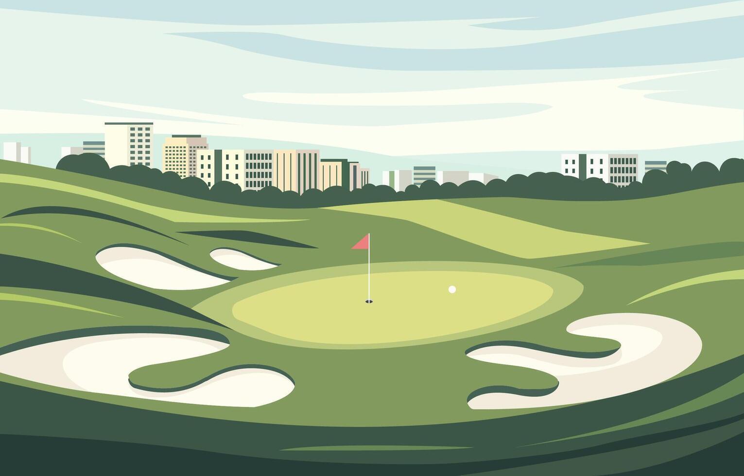 plano diseño de verde golf campo curso con paisaje urbano en brillante día vector