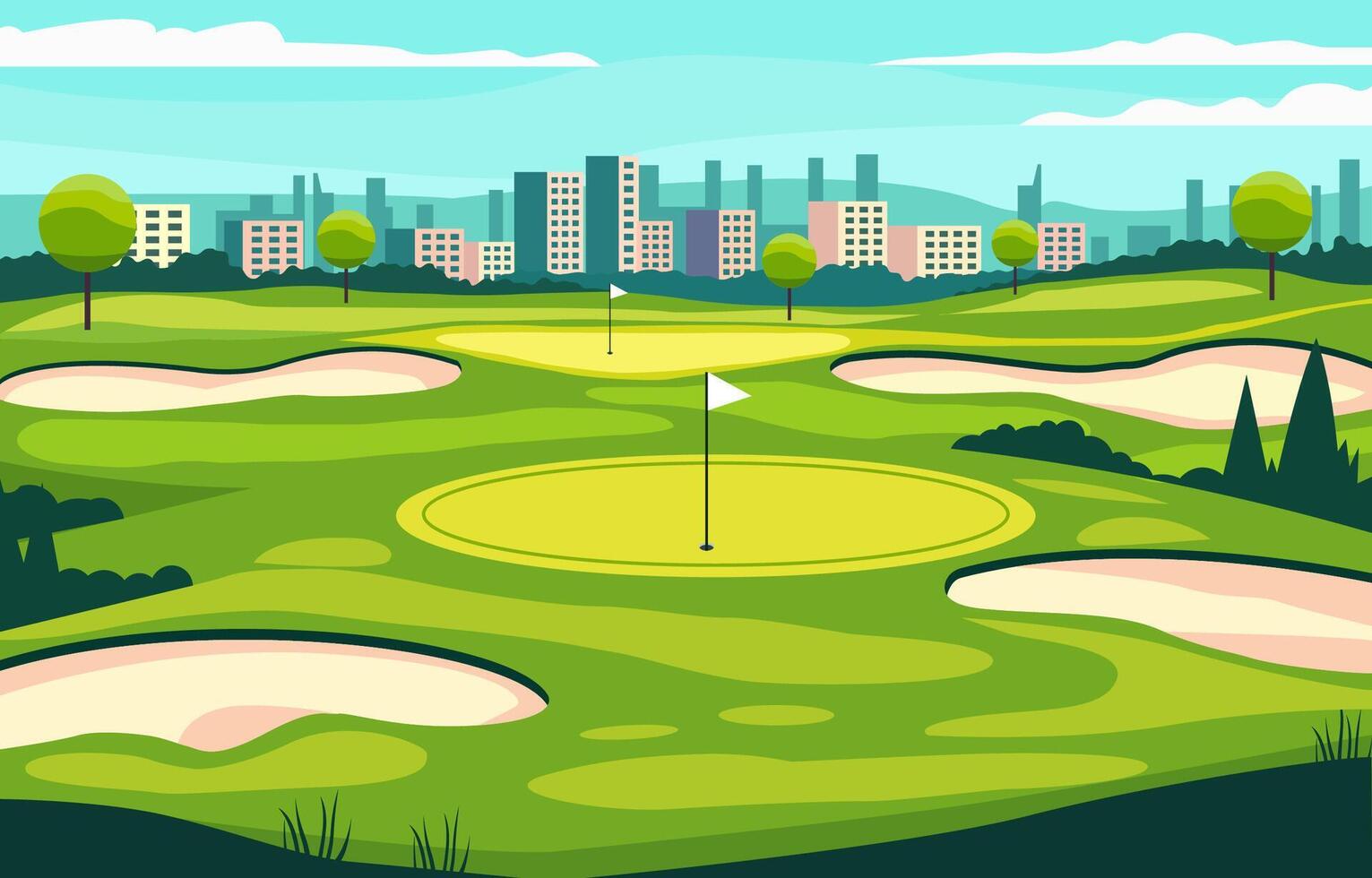 plano diseño de verde golf campo curso con paisaje urbano en brillante día vector