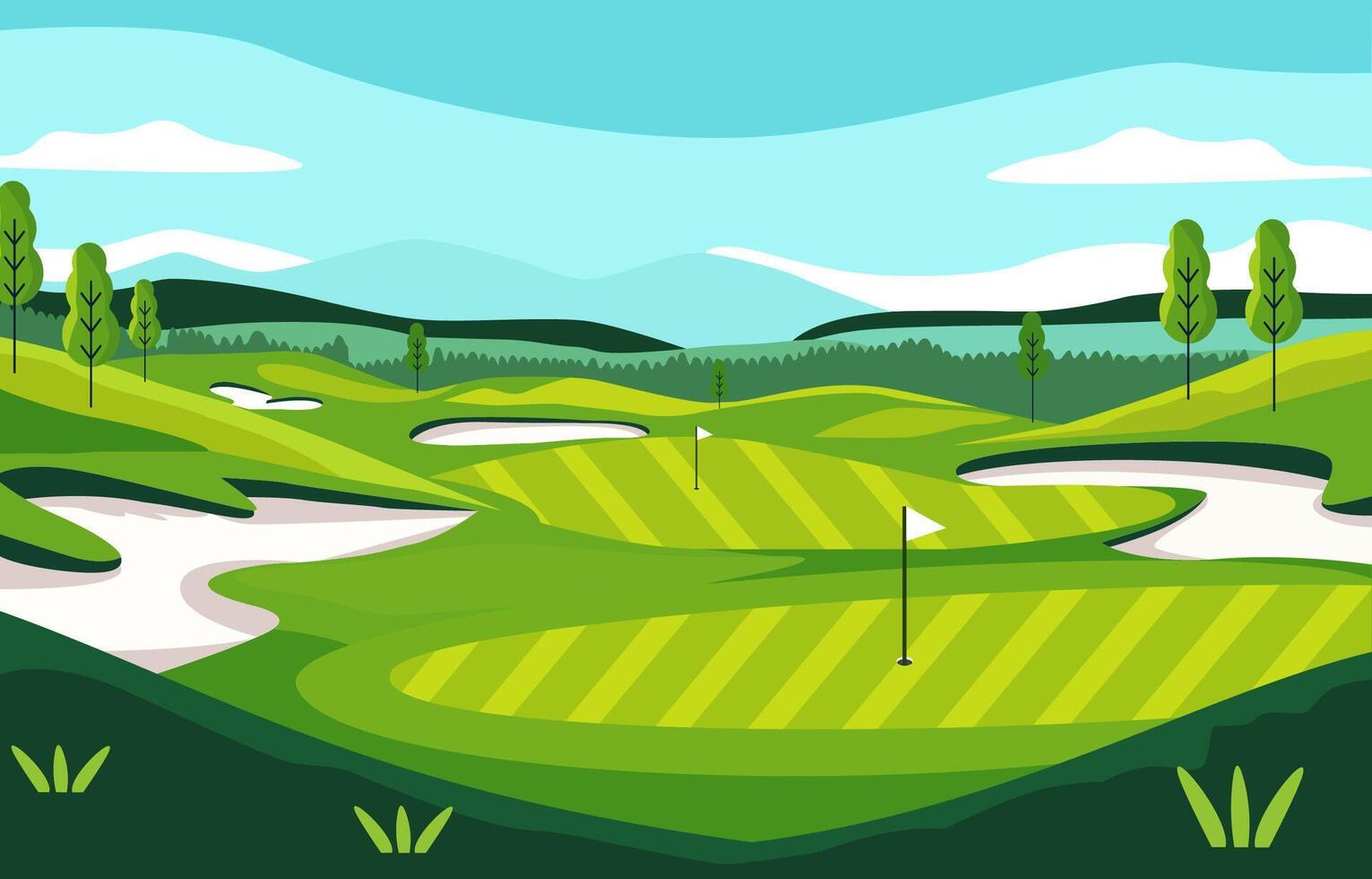 Nature Landscape of Green Golf Field Course with Hole in Bright Sky vector