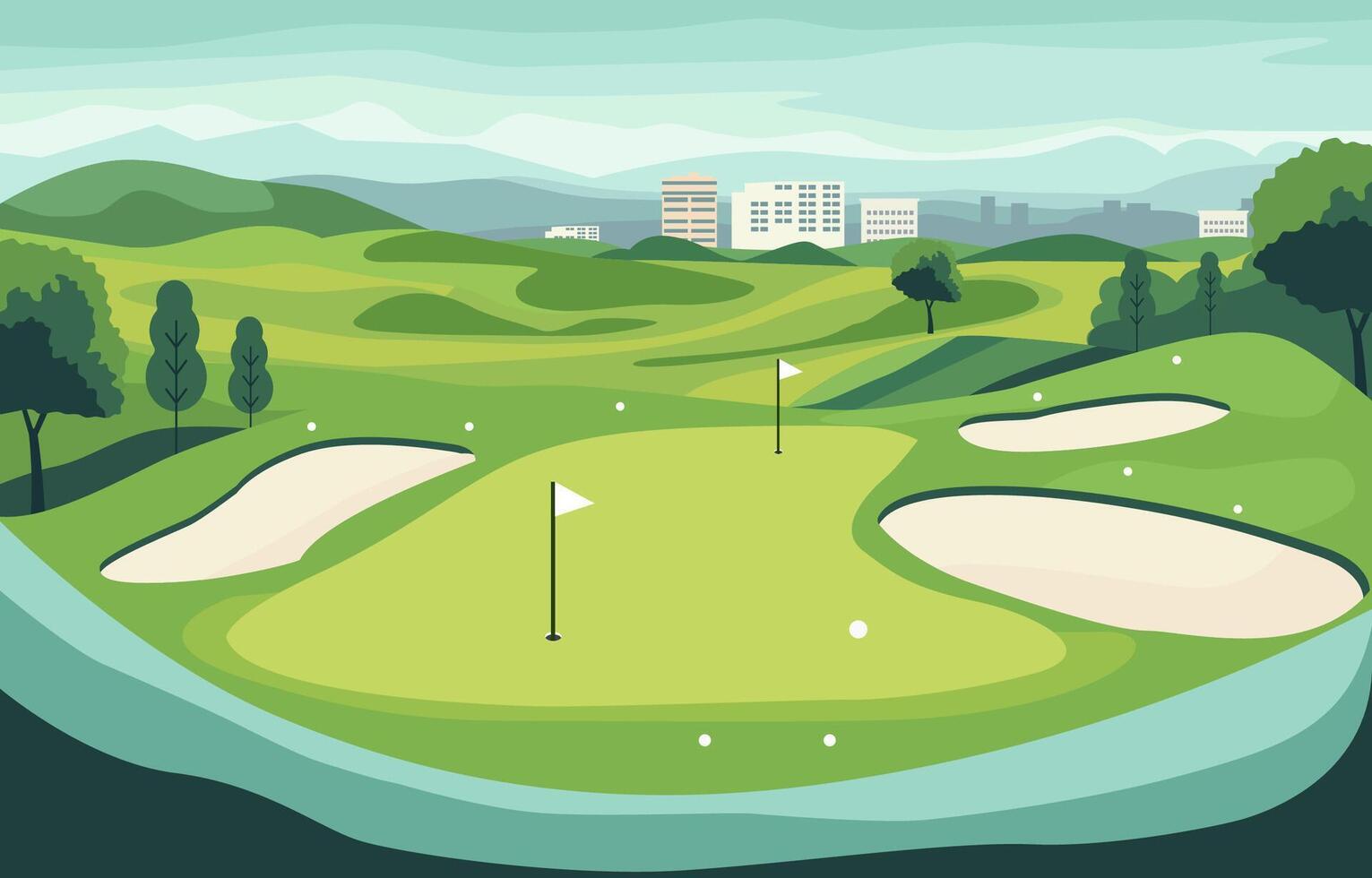 plano diseño de verde golf campo curso con paisaje urbano en brillante día vector