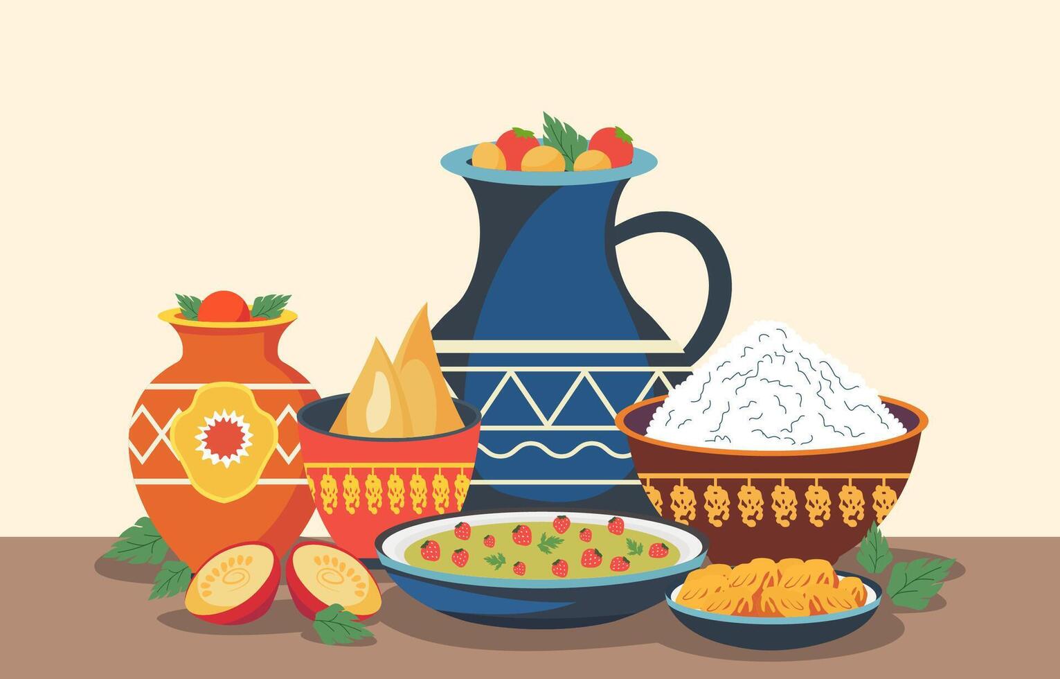 Flat Design Illustration of Traditional Food Dishes in Vase Bowl for Nowruz Celebration vector