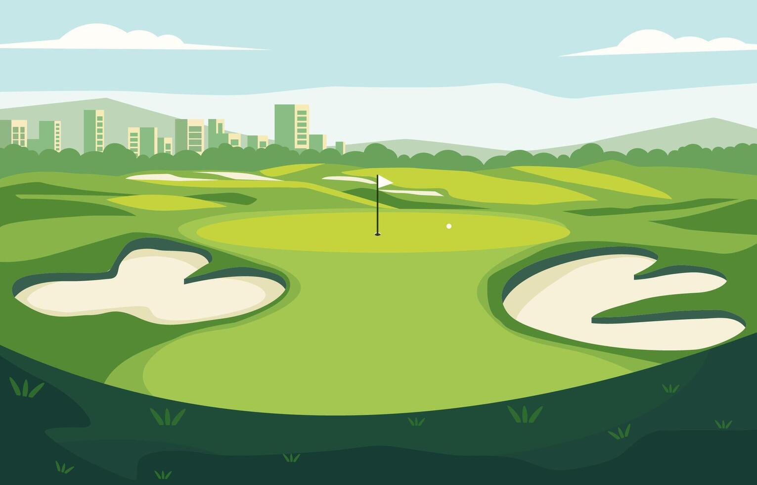 plano diseño de verde golf campo curso con paisaje urbano en brillante día vector