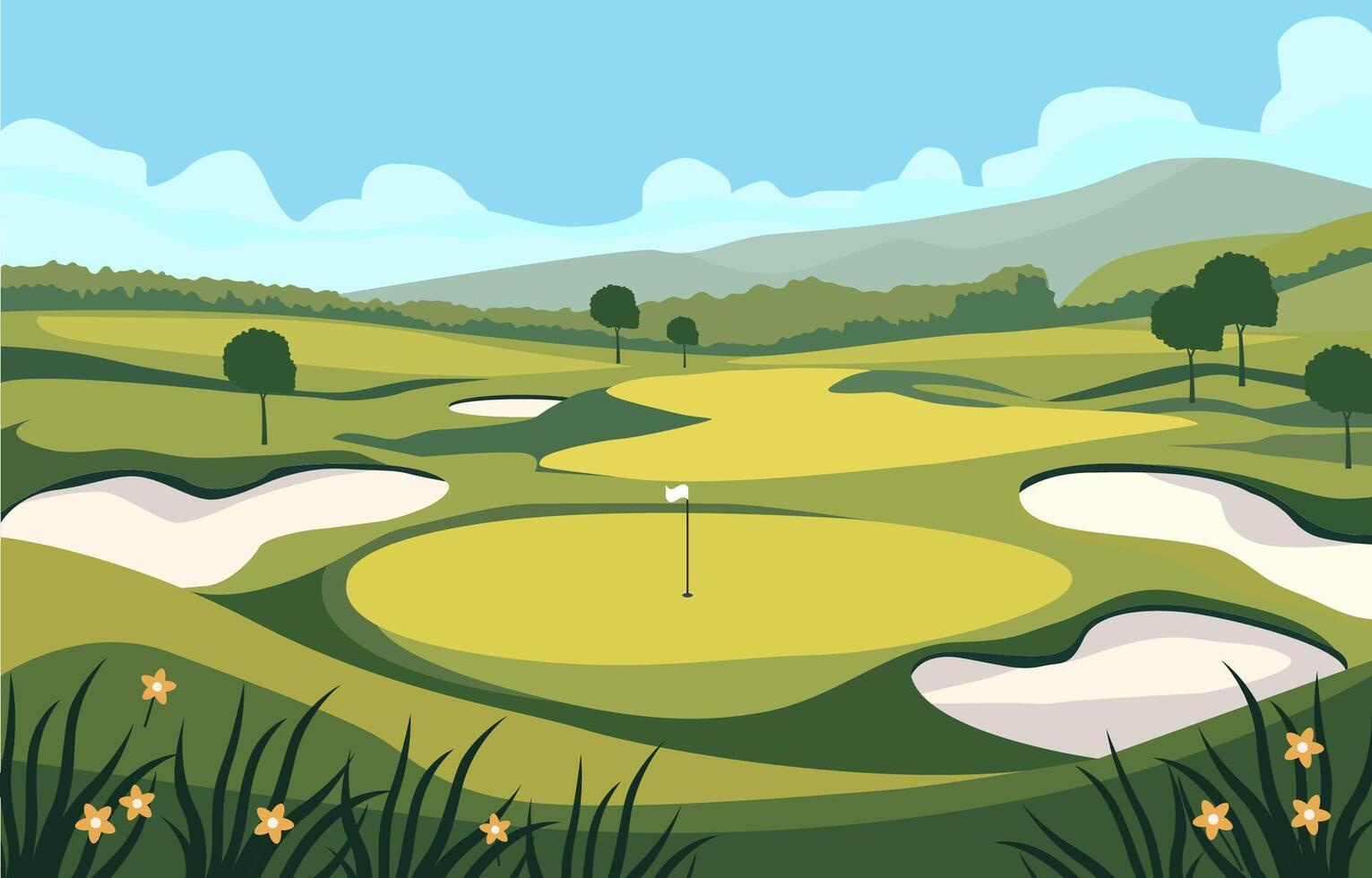 naturaleza paisaje de verde golf campo curso con colina montaña ver en brillante día vector