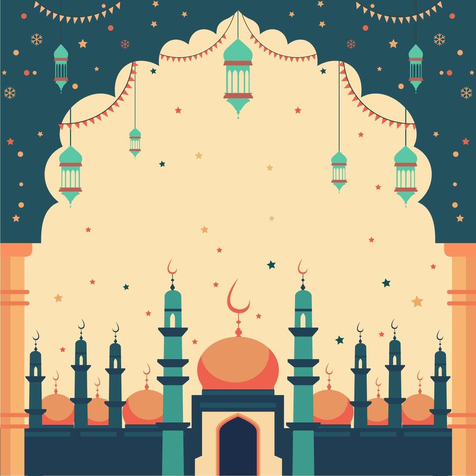 Mosque Islamic Eid Al Fitr Festival Card with Frame and Copy Space vector