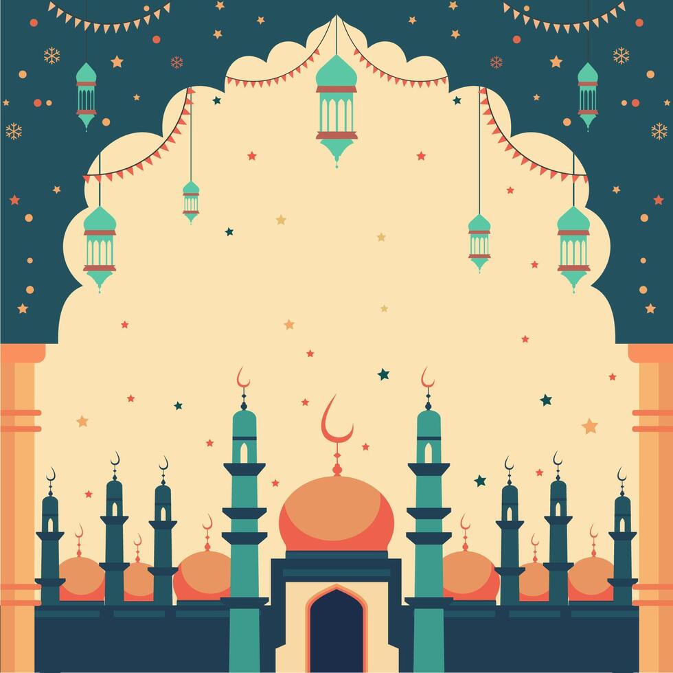 Mosque Islamic Eid Al Fitr Festival Card with Frame and Copy Space vector