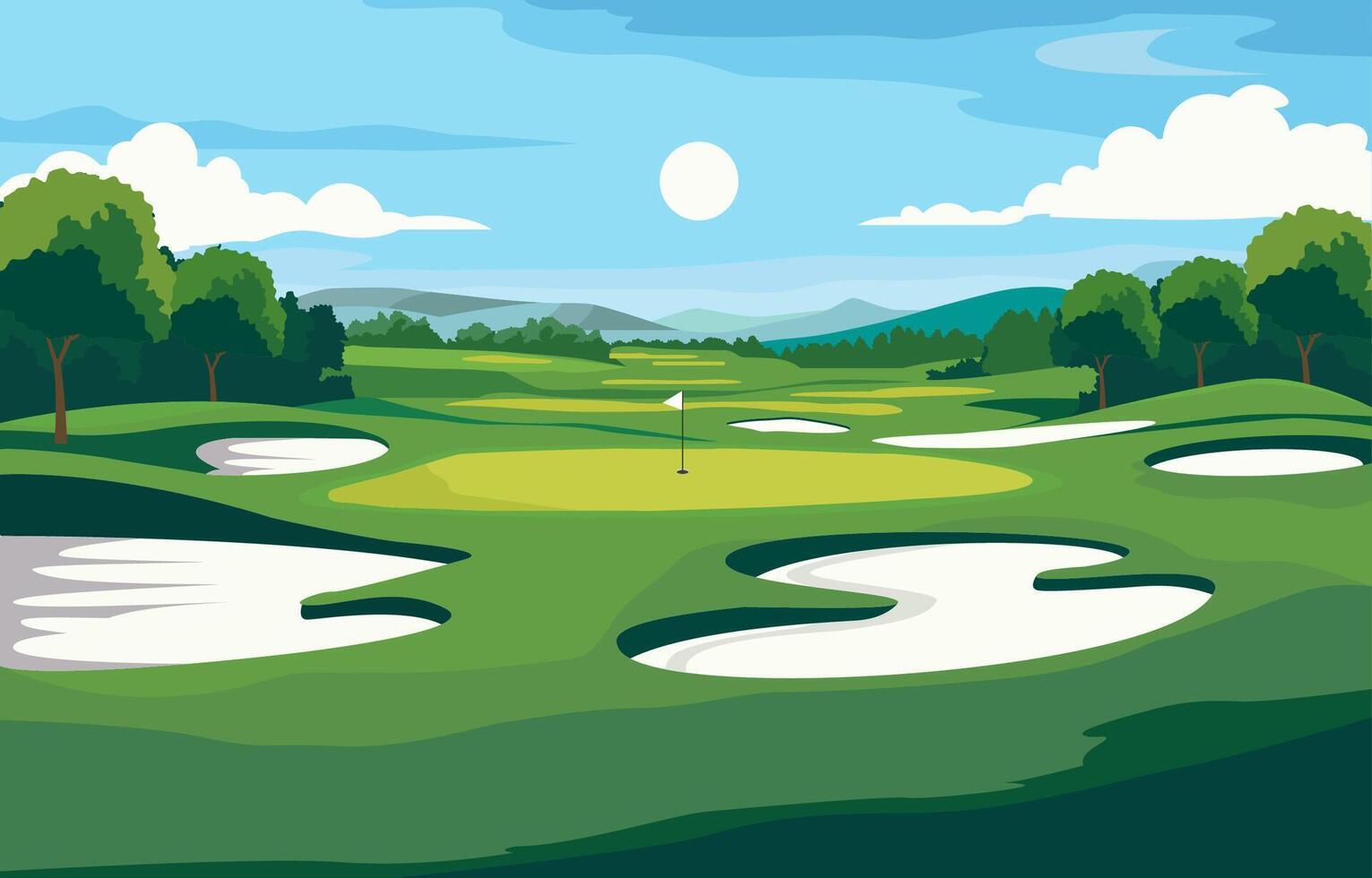 plano diseño de verde golf campo curso con montaña ver en brillante día vector