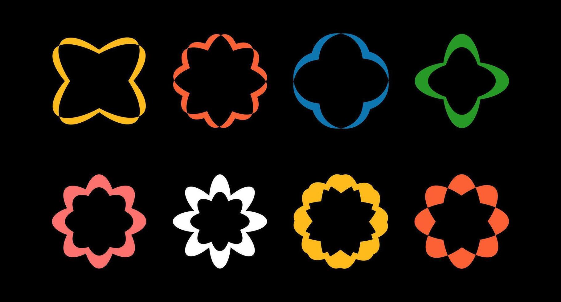 Set of colored brutalist geometric shapes. Abstract minimalist figures, stars, flowers, circles. Graphic design elements. Isolated on black background.  Y2k  abstract minimalist flower set. vector