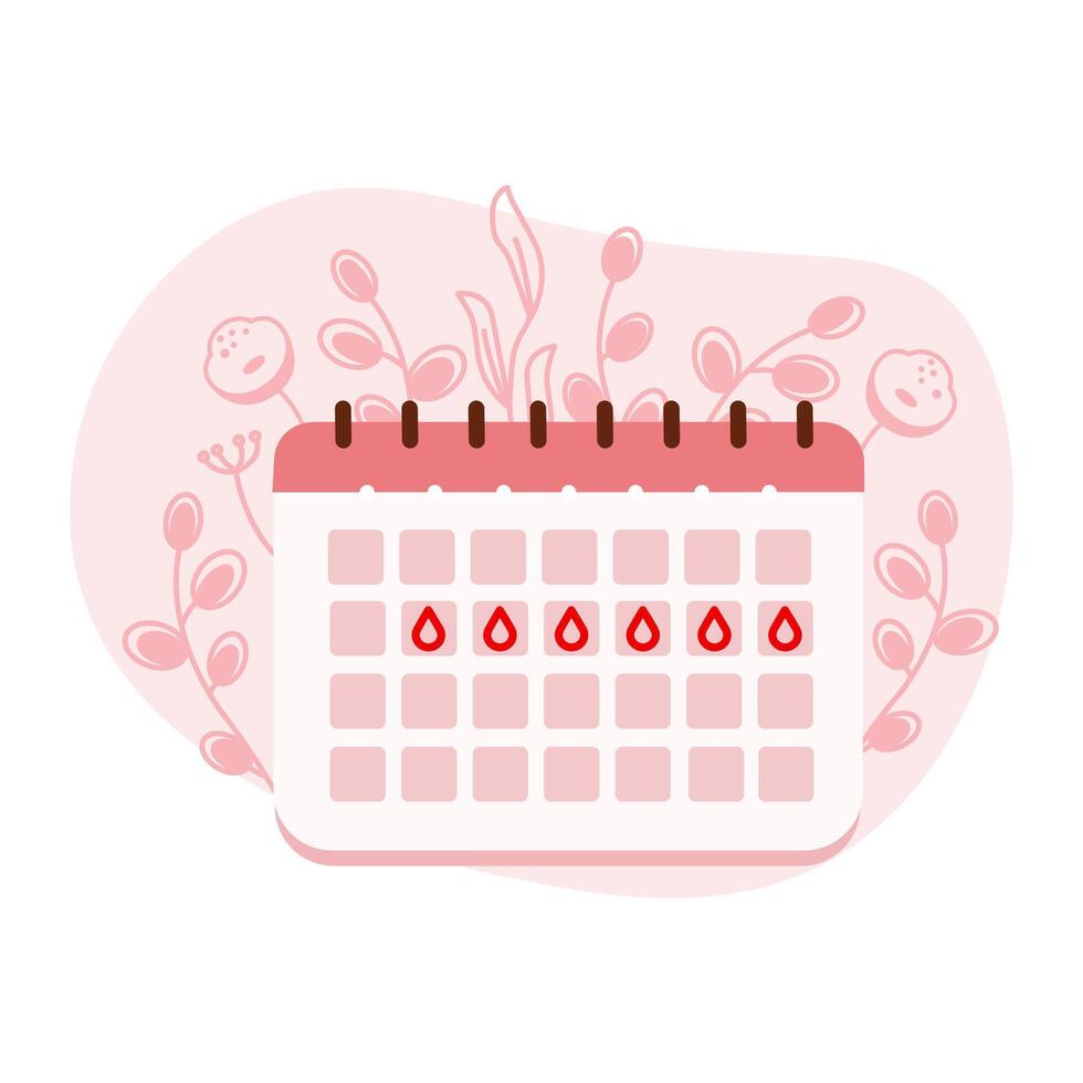 Menstrual Period Calendar with floral background. Period schedule with marked days for woman and girl. Flat vector illustration. Feminine hygiene.