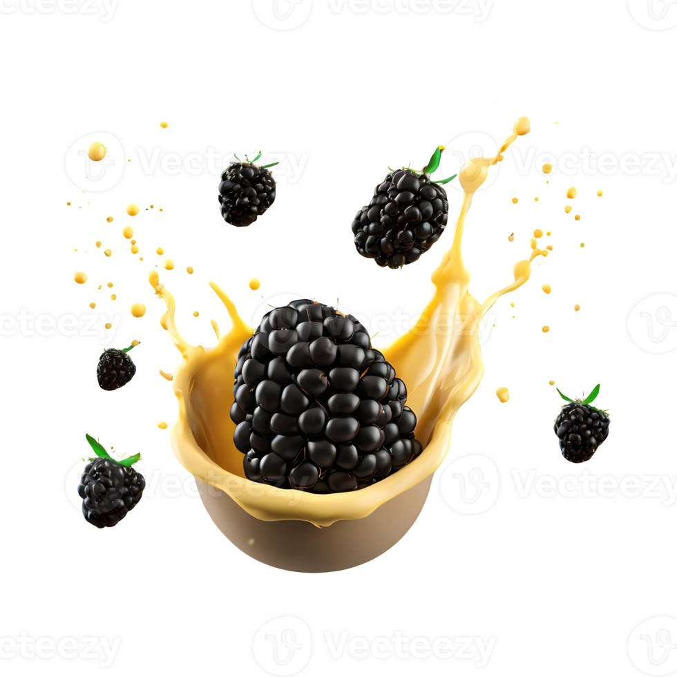 AI generated Blackberries milk splash floating isolated on transparent background png