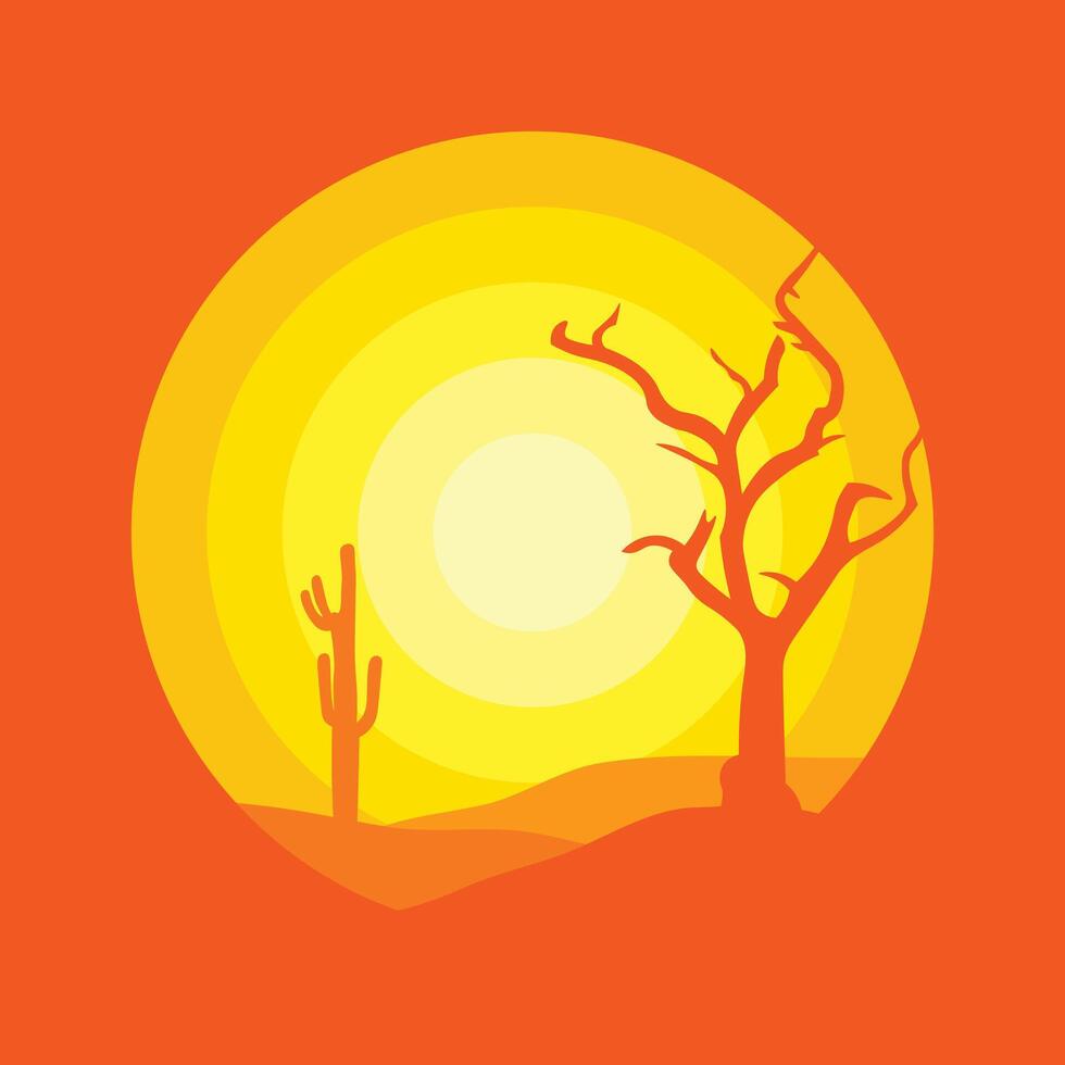 Vector illustration of sunset desert panoramic view with mountains