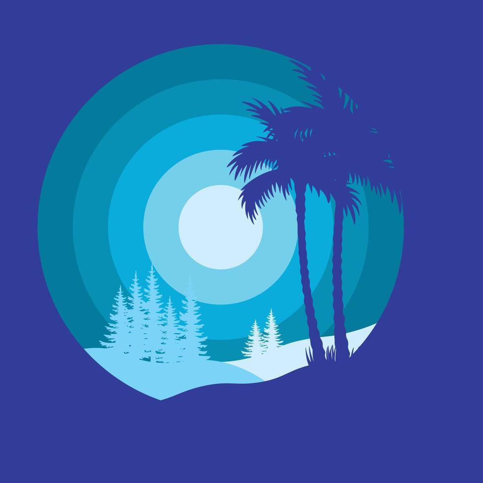 Flat minimal pine forest, and mountains at sunset in circle shape vector