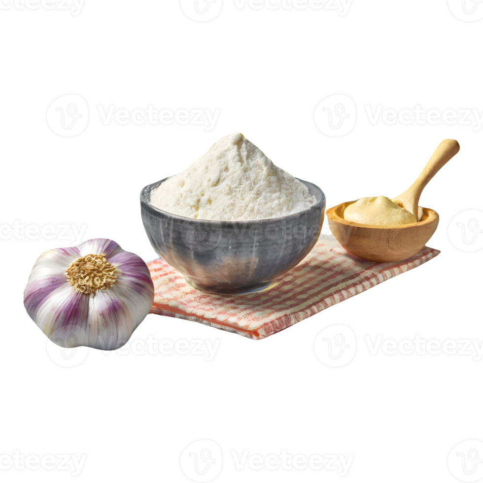AI generated A bowl of flour and a bowl of garlic on a checkered isolated on transparent background png