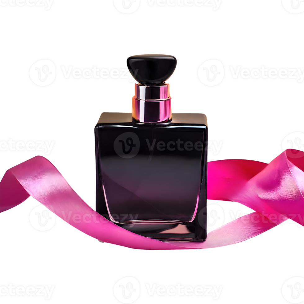 ai generado negro vaso perfume botella y rosado cinta aislado en transparente antecedentes png